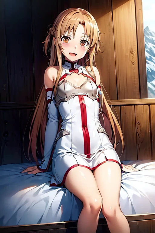 ((Best Quality)), ((masterpiece)), (be familiar with),  perfect face, indoor, bedroom,  watching viewers in the winter mountains ,
One woman, Yuuki Asuna,
 characters with open mouth ,  ecstatic expression , blush, smile,
Small breasts,  flat chest, , ,  kids, Girl,
Long Hair,  long hair,
Leg spread,