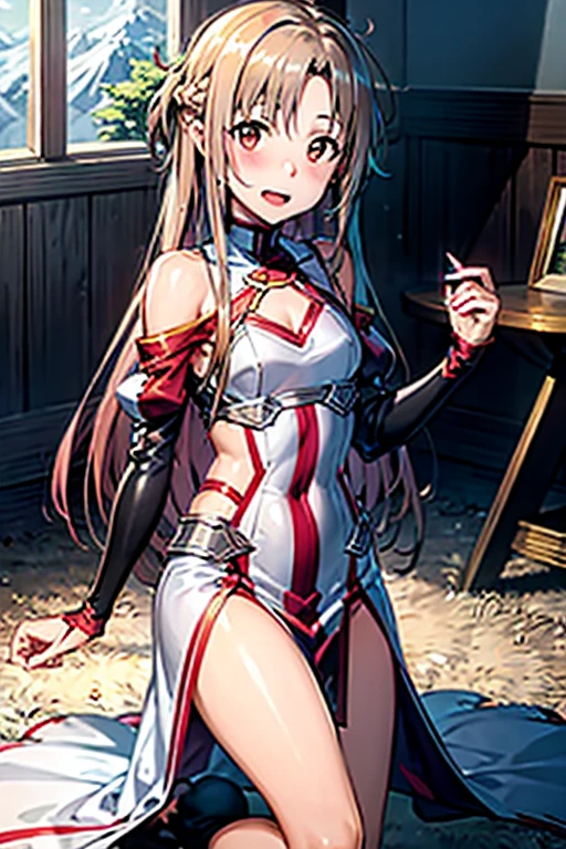 ((Best Quality)), ((masterpiece)), (be familiar with),  perfect face, indoor, bedroom,  watching viewers in the winter mountains ,
One woman, Yuuki Asuna,
 characters with open mouth ,  ecstatic expression , blush, smile,
Small breasts,  flat chest, , ,  kids, Girl,
Long Hair,  long hair,
Leg spread,