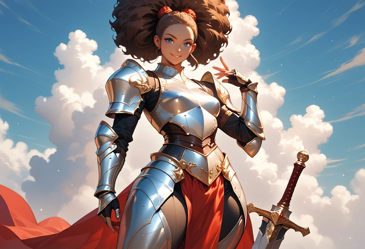 masterpiece, best quality, highres, absurdres , 1girl, standing, hand on own hip, hand up, contrapposto, cowboy shot, smile, clouds, blue sky, solo , muscular female, small breasts, thick thighs, dark skin, blue eyes, brown hair, light brown hair, afro, drill hair, high ponytail, bun cover, hairpods, knight, armored, silver and red cloth, sword, metallic armor,
