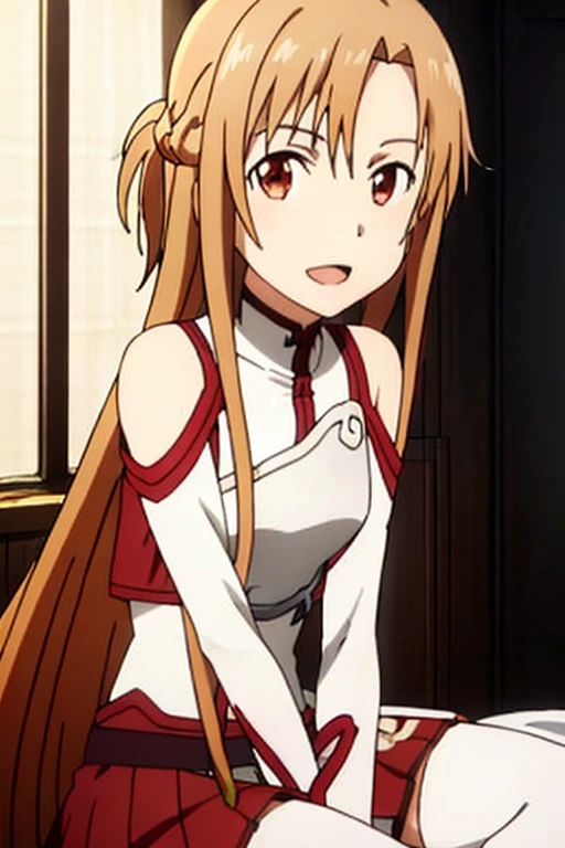 ((Best Quality)), ((masterpiece)), (be familiar with),  perfect face, indoor, bedroom,  watching viewers in the winter mountains ,
One woman, Yuuki Asuna,
 characters with open mouth ,  ecstatic expression , blush, smile,
Small breasts,  flat chest, , ,  kids, Girl,
Long Hair,  long hair,
Leg spread,