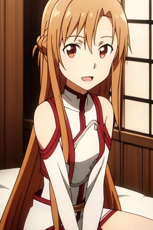 ((Best Quality)), ((masterpiece)), (be familiar with),  perfect face, indoor, bedroom,  watching viewers in the winter mountains ,
One woman, Yuuki Asuna,
 characters with open mouth ,  ecstatic expression , blush, smile,
Small breasts,  flat chest, , ,  kids, Girl,
Long Hair,  long hair,
Leg spread,