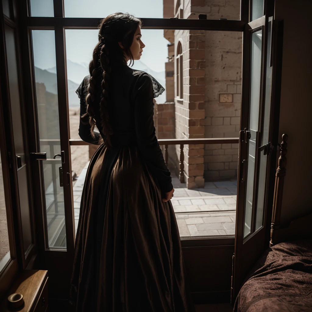 A woman looking out from the window of her room, 13th century era , she looks at Hidden , secretly watching , dark room, she sees a suspicious person , a murderer comes after her . Creed style assassin . Desert City , luxurious dark room . perspective from behind , " camera focuses on the girl , At the window , and the street with the killer ". Cinematic, Dark style, bright colors, Beautiful woman. sensual. Dressed bourgeois