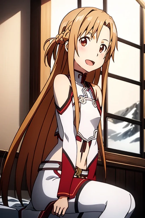 ((Best Quality)), ((masterpiece)), (be familiar with),  perfect face, indoor, bedroom,  watching viewers in the winter mountains ,
One woman, Yuuki Asuna,
 characters with open mouth ,  ecstatic expression , blush, smile,
Small breasts,  flat chest, , ,  kids, Girl,
Long Hair,  long hair,
Leg spread,