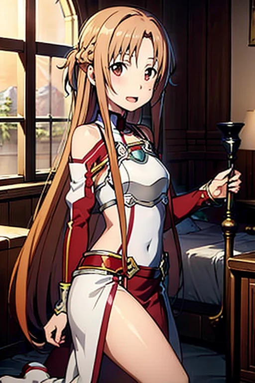 ((Best Quality)), ((masterpiece)), (be familiar with),  perfect face, indoor, bedroom,  watching viewers in the winter mountains ,
One woman, Yuuki Asuna,
 characters with open mouth ,  ecstatic expression , blush, smile,
Small breasts,  flat chest, , ,  kids, Girl,
Long Hair,  long hair,
Leg spread,