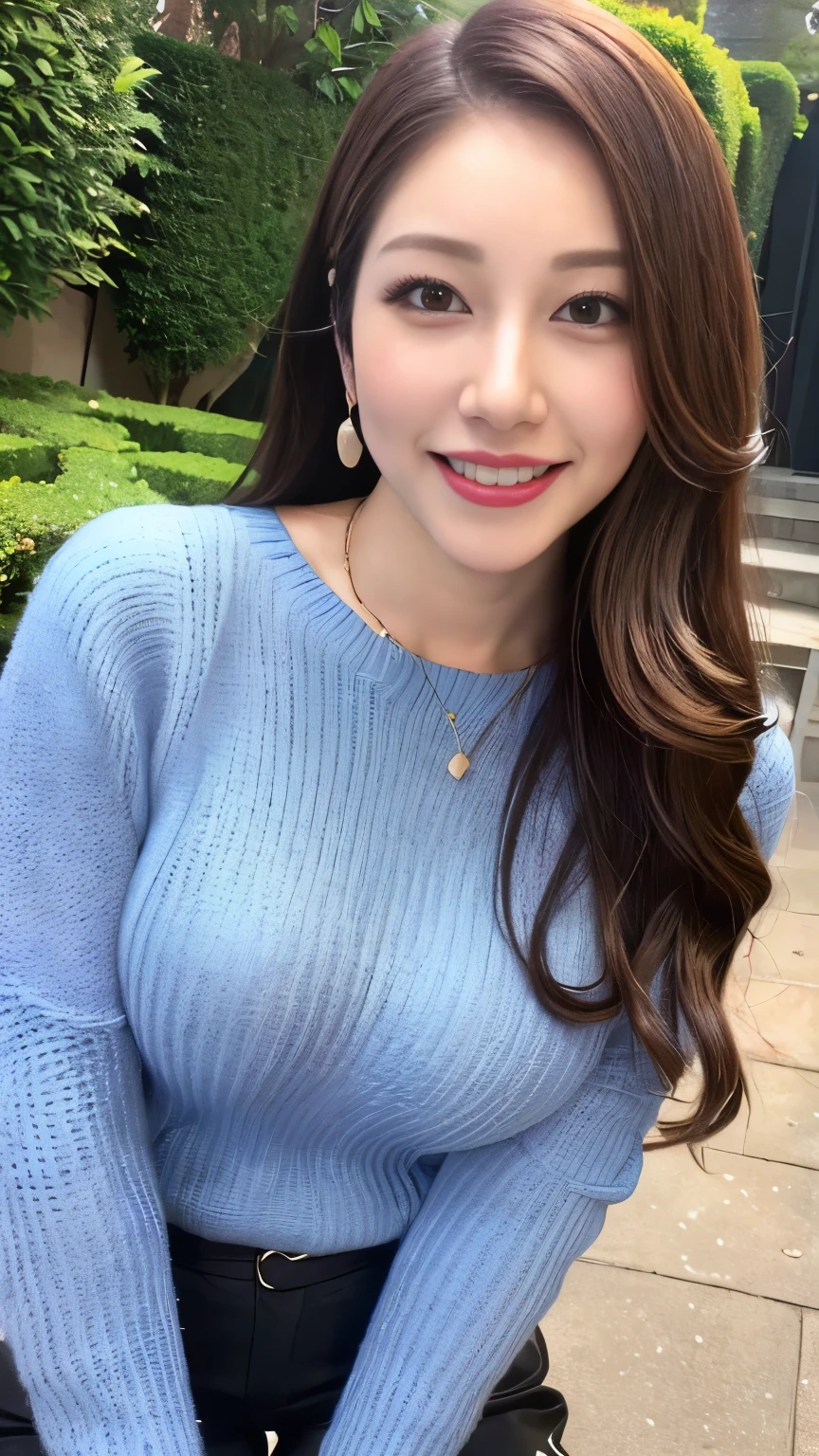 ((Best Quality, 8k, masterpiece:1.3)), beautiful looking woman :1.4, slim abs :1.1, ((Big Breasts:1.3)), はち切れんばかりのBig Breasts, thin and tight waist , Smiling at the audience:1.2), Transparent eyes, high-definition face and skin textures, Detailed eyes, super high resolution shiny lips , Beautiful long hair,She's wearing a sweater that accentuates her bust ., facing beautiful Japanese women, Shiny textured clothing ,( Costumes are only available in one color :blue),(garden),20th generation,