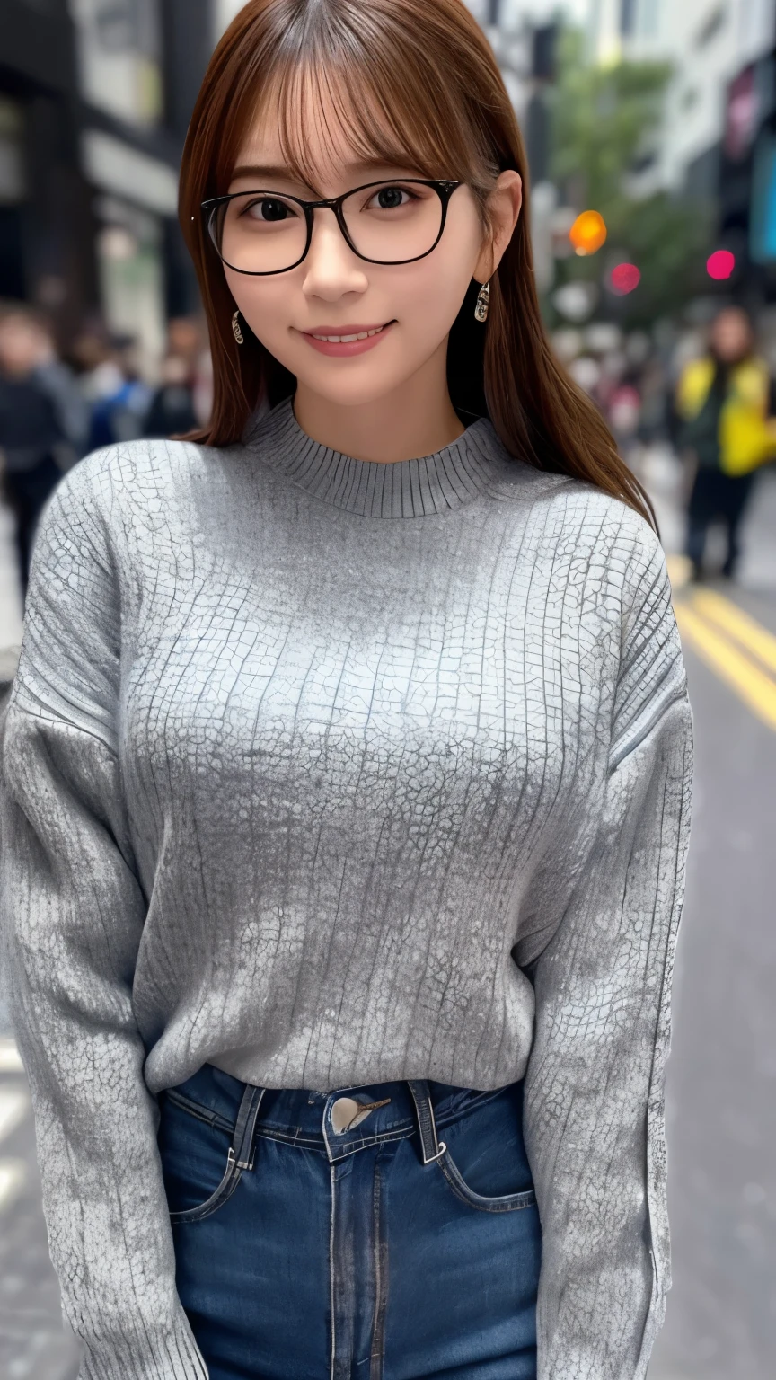 ( cowboy shot、Best Quality、8k、Award-winning works、 ultra high resolution),(perfection, The most natural grey long sleeve sweater:1.1),(Big Breasts), his best smile when looking at me 、( many of them emphasize body lines:1.1)、(Vividly Blurry Harajuku City Background :1.1)、(intensely blurred background :1.1)、 accurate anatomy 、輝く ultra high resolutionの美肌、 ultra high resolutionの艶やかな唇,thin-framed glasses