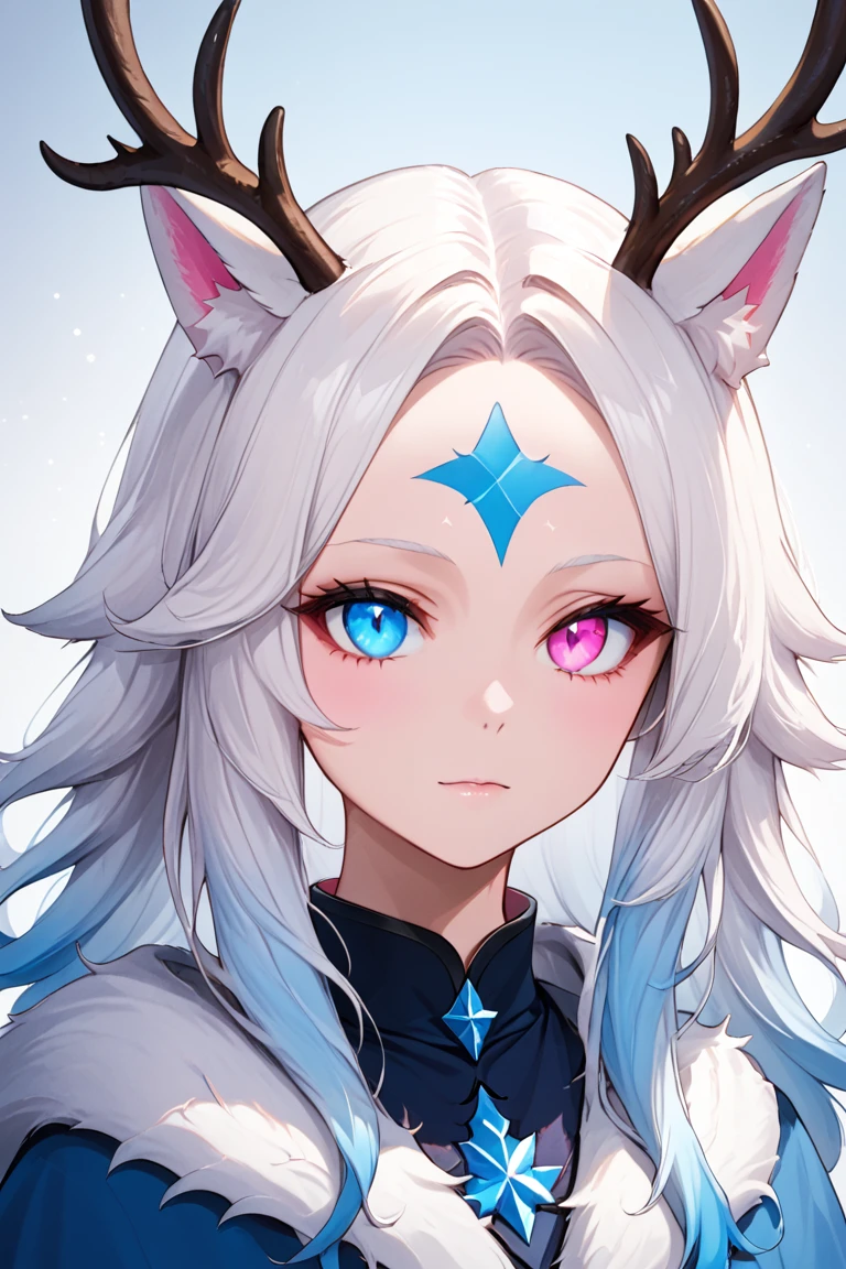 ((Nykir Eldrakar), white hair, right blue eye, left pink eye, dragon antlers, star-shaped forehead marking), Adult, 1girl, portrait, 