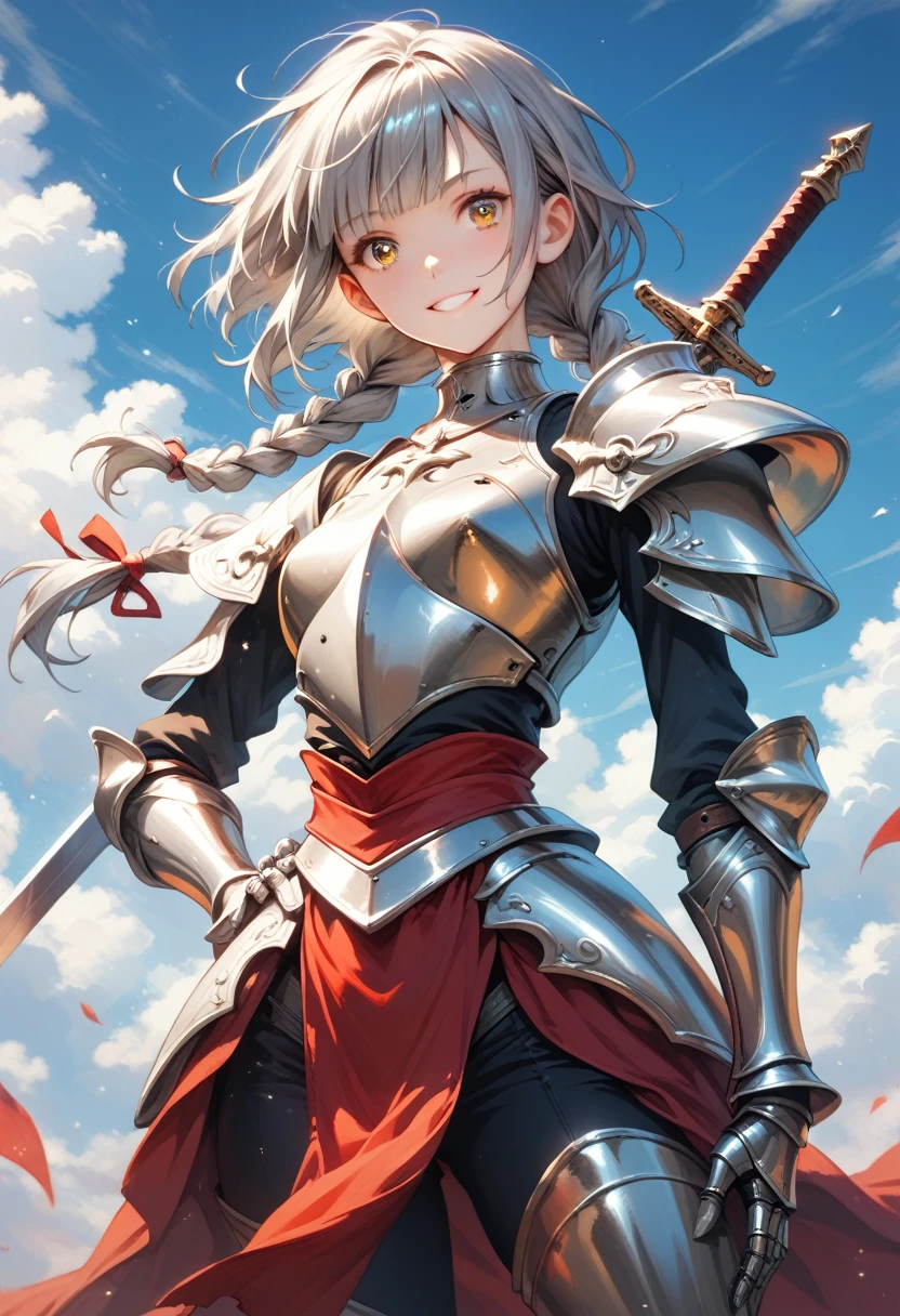 masterpiece, best quality, highres, absurdres , 1girl, standing, hand on own hip, hand up, contrapposto, cowboy shot, smile, clouds, blue sky, solo , skinny, slim, yellow eyes, sparkling eyes, gray hair, hime cut, messy hair, low twin braids, low twintails, asymmetrical hair, knight, armored, silver and red cloth, sword, metallic armor,
