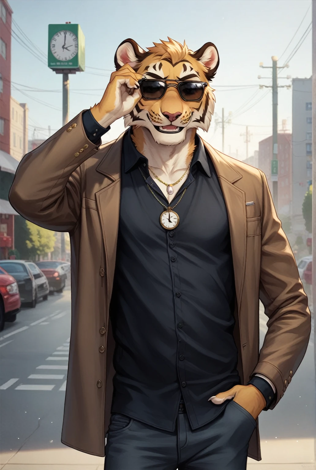  foreground, better, quality, from a: man, alone, furry, antromorfo, Tigre,  men's, with hairstyle (melena),.. attire: brown jacket,  black dress pants,  and some sunglasses ,.. accessories: a clock, And a platinum necklace,.. bottom: Set, photo shoot, Lonely street,.. pose:  Adjusting the glasses , (cara lateral, ladeado),  smiling at the camera.