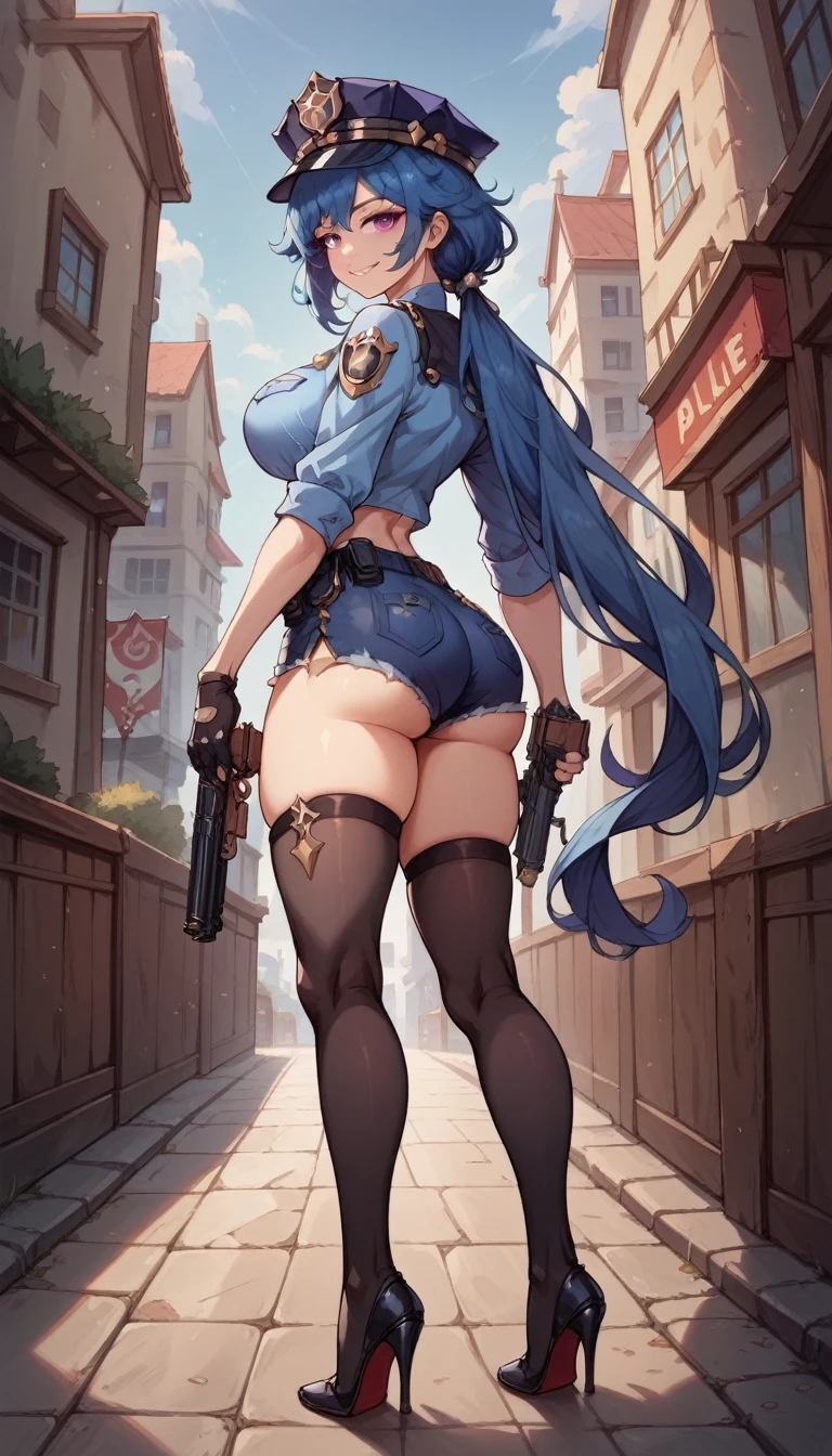 ultra-detailed, 1girl, solo, clorinde \(genshin impact\), ((masterpiece)), (best quality), (highres), 16K, purple eyes, low ponytail, blue hair, long hair, wearing hat, police uniform, black thighhighs, bootyshorts, high heels, busty body, large breasts and a beautiful ass, showcasing cleavage, legs, hips, looking at viewer, smile, gun, holding gun, detailed face, detailed hair, detailed full body, city background