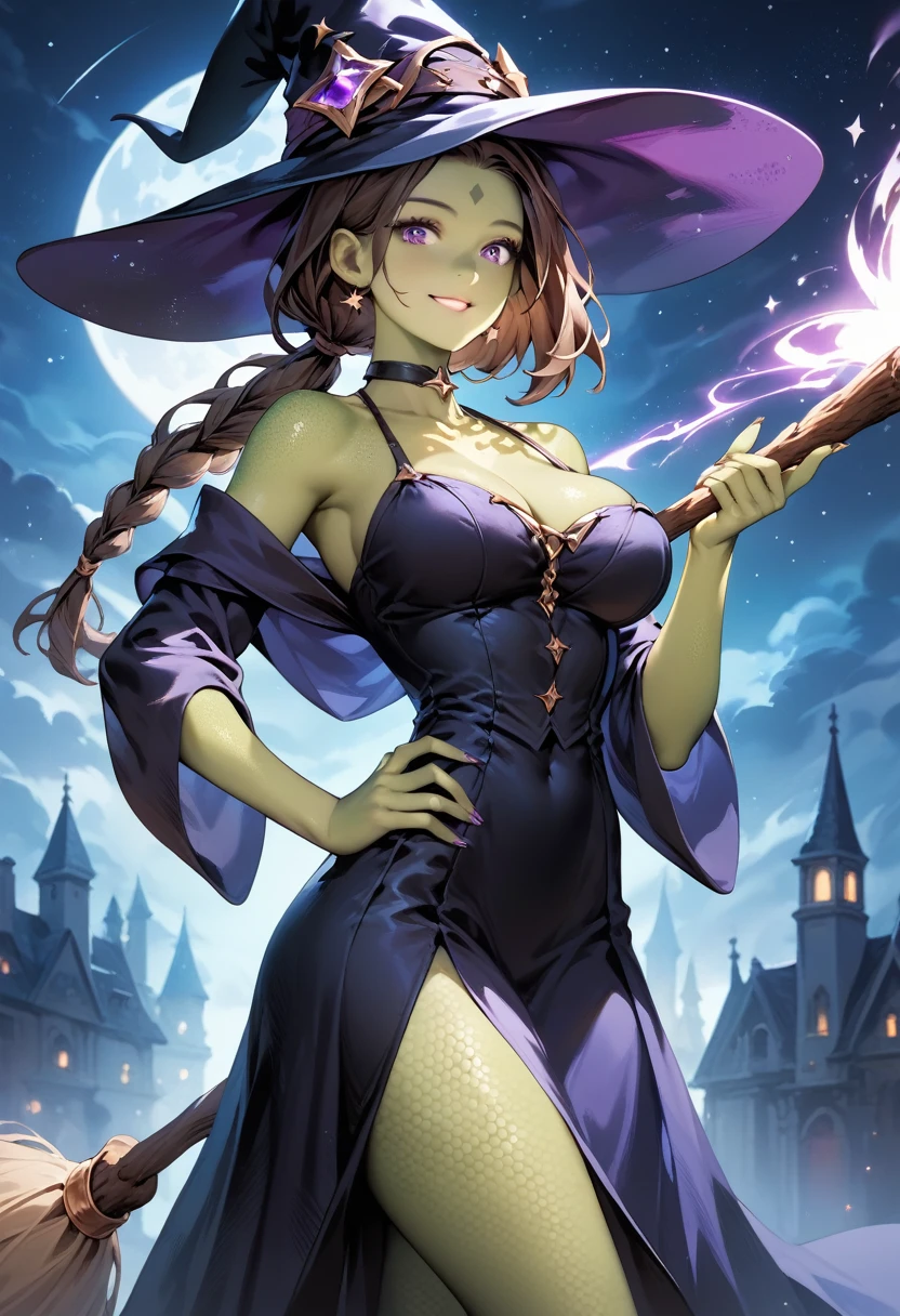 masterpiece, best quality, highres, absurdres , 1girl, standing, hand on own hip, hand up, contrapposto, cowboy shot, smile, dark night, starry sky, solo , tall female, slender body, large breasts, colored skin, scales, green skin, multicolored skin, colored skin, blue skin, solid circle eyes, purple eyes, brown hair, inverted bob, forehead, low ponytail, topknot, witch, witch hat, magic, witch robe, sleeveless, magical broom, black choker, bare shoulders, long dress,
