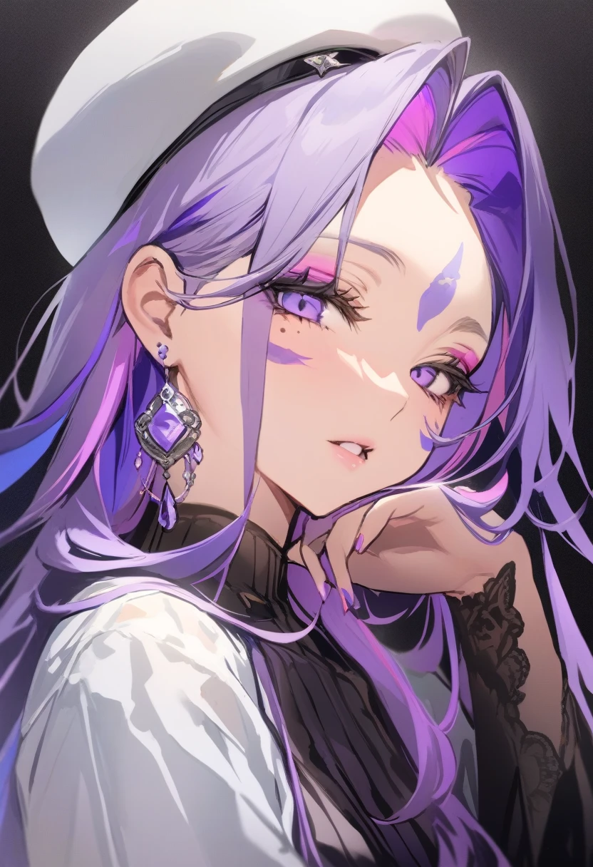 masterpiece, best quality, 1girl, purple hair, solo, hat, jewelry, earrings, purple eyes, mole under eye, long hair, looking at viewer, mole, parted lips, white headwear, black background, virtual youtuber, makeup, bangs, multicolored hair, shirt, facial mark, eyeshadow, simple background