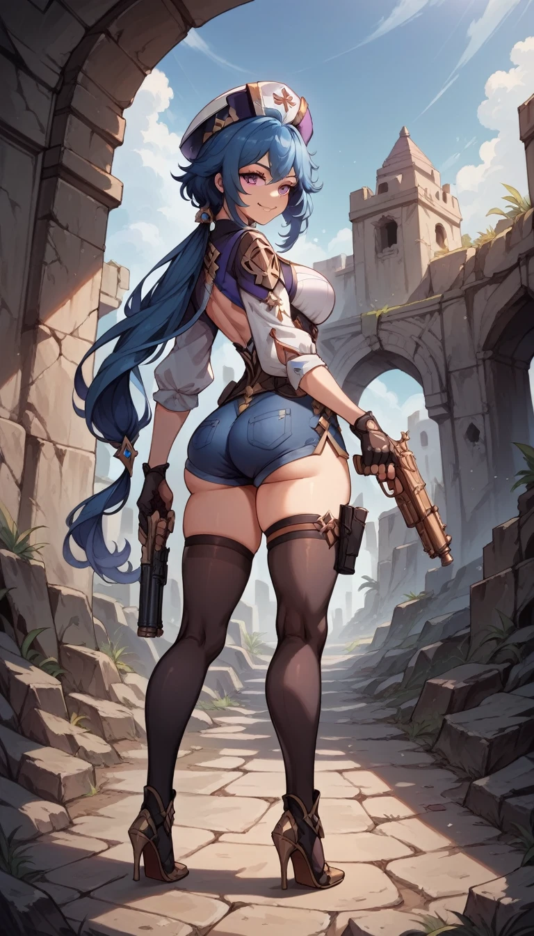 ultra-detailed, 1girl, solo, clorinde \(genshin impact\), ((masterpiece)), (best quality), (highres), 16K, purple eyes, low ponytail, blue hair, long hair, wearing hat, tactical clothes, black thighhighs, bootyshorts, high heels, busty body, large breasts and a beautiful ass, showcasing cleavage, legs, hips, looking at viewer, smile, gun, holding gun, detailed face, detailed hair, detailed full body, ruins background