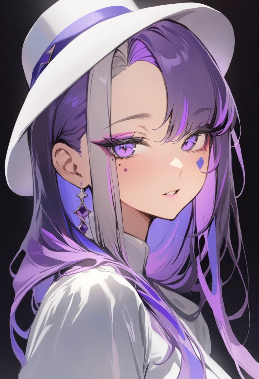 masterpiece, best quality, 1girl, purple hair, solo, hat, jewelry, earrings, purple eyes, mole under eye, long hair, looking at viewer, mole, parted lips, white headwear, black background, virtual youtuber, makeup, bangs, multicolored hair, shirt, facial mark, eyeshadow, simple background