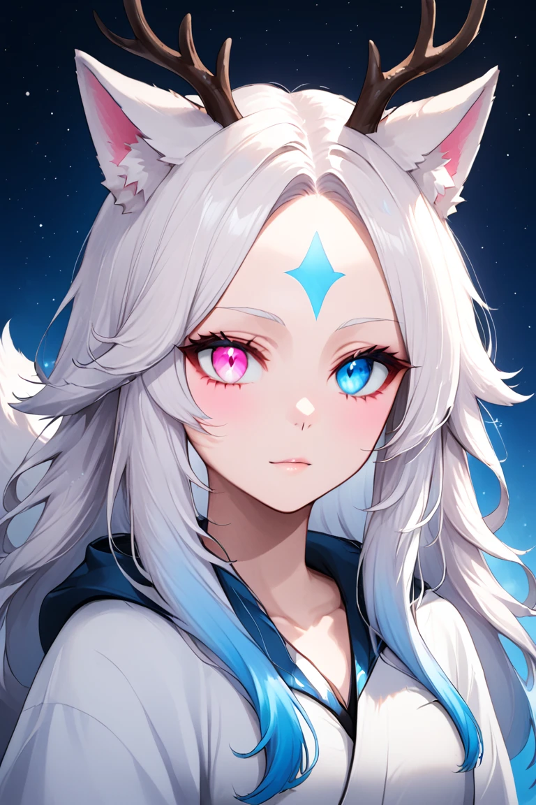 ((Nykir Eldrakar), white hair, right blue eye, left pink eye, dragon antlers, star forehead marking, wolf ears, wolf tail), Adult, 1girl, portrait, 