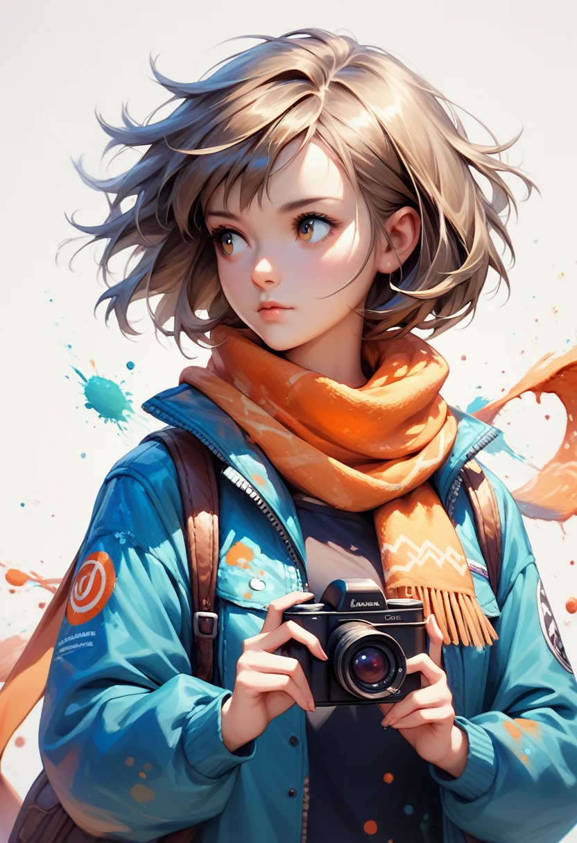 score_9, score_8_up, score_7_up, source_anime, wrnchDreamInk, abstract, brush strokes, paint, 1girl, blue jacket, camera, holding, jacket, looking to side, orange scarf, scarf, simple background, upper body, white background, holding camera, solo,
