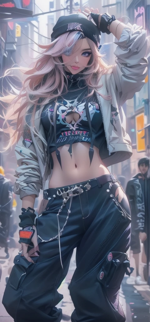 a woman with long hair and a jacket on posing in a city, Cyberpunk Anime Girl with Hoodie, urban girl fan art, torn clothes,  Anime style, beautiful Arte digitalwork, Style Ross Tran, sujetador y pantalones cortos streetwear, arte digital. @mariomaniacdude, realistic anime 3D style, vibrant Rossdraws cartoons ,  with the navel exposed , anime vibes