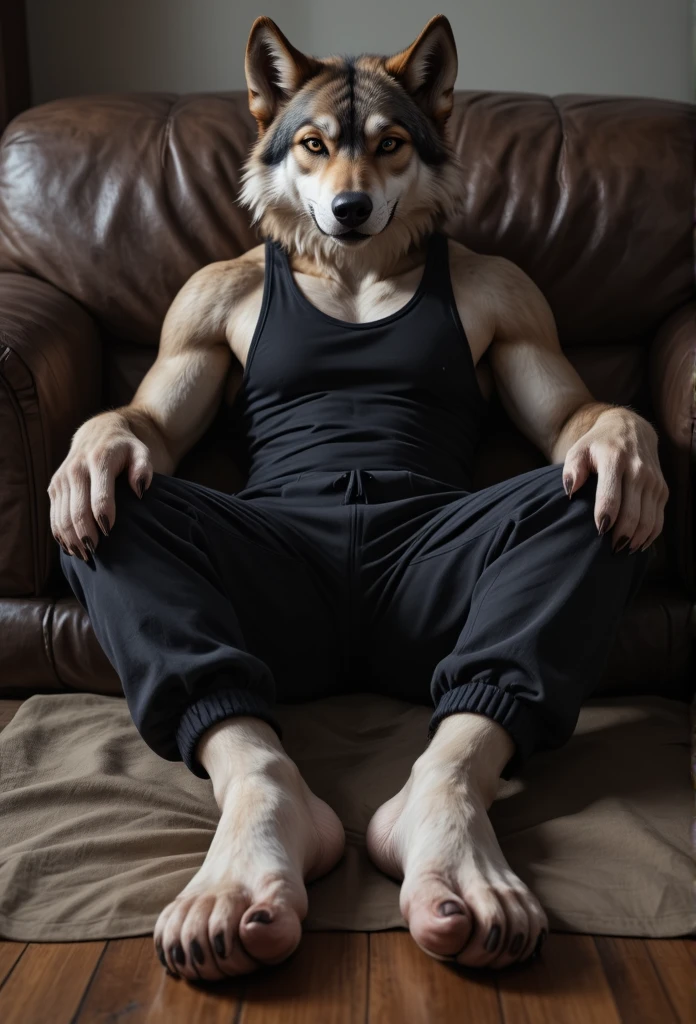 hi res, solo character, brown wolf, male, topless, frontal view, wearing a blue tight blue jeans, detailed bulge, penis outline, wearing a gold brown cowboy boots, at a bedroom, by chunie, cowboy hat sitting on the floor head reaching on the ceiling 