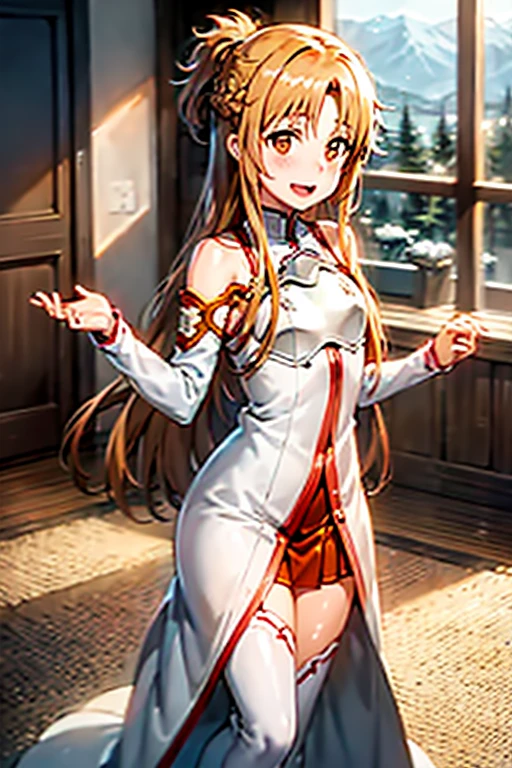 ((Best Quality)), ((masterpiece)), (be familiar with),  perfect face, indoor, bedroom,  watching viewers in the winter mountains ,
One woman, Yuuki Asuna,
 characters with open mouth ,  ecstatic expression , blush, smile,
Small breasts,  flat chest, , ,  kids, Girl,
Long Hair,  long hair,
Leg spread,