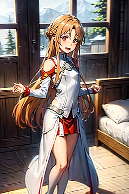 ((Best Quality)), ((masterpiece)), (be familiar with),  perfect face, indoor, bedroom,  watching viewers in the winter mountains ,
One woman, Yuuki Asuna,
 characters with open mouth ,  ecstatic expression , blush, smile,
Small breasts,  flat chest, , ,  kids, Girl,
Long Hair,  long hair,
Leg spread,