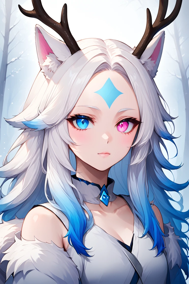 ((Nykir Eldrakar), white hair, right blue eye, left pink eye, dragon antlers, blue forehead marking, wolf ears, wolf tail), Adult, 1girl, portrait,