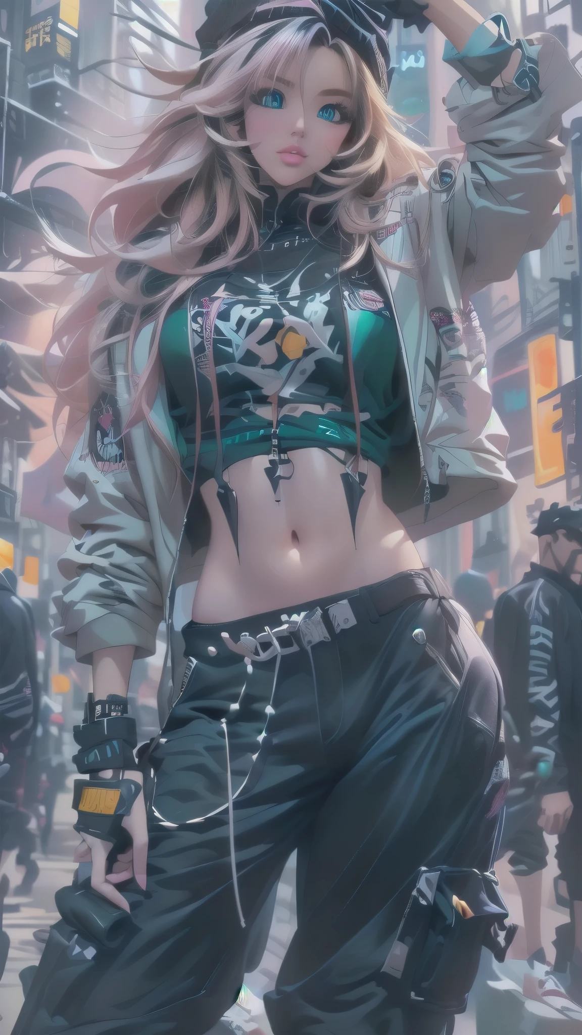 a woman with long hair and a jacket on posing in a city, Cyberpunk Anime Girl with Hoodie, urban girl fan art, torn clothes,  Anime style, beautiful Arte digitalwork, Style Ross Tran, sujetador y pantalones cortos streetwear, arte digital. @mariomaniacdude, realistic anime 3D style, vibrant Rossdraws cartoons , with the navel exposed , anime vibes