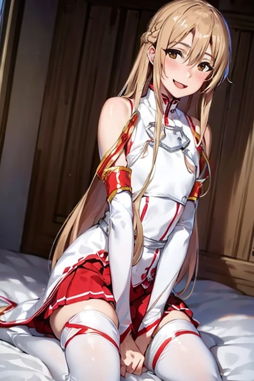 ((Best Quality)), ((masterpiece)), (be familiar with),  perfect face, indoor, bedroom,  watching viewers in the winter mountains ,
One woman, Yuuki Asuna,
 characters with open mouth ,  ecstatic expression , blush, smile,
Small breasts,  flat chest, , ,  kids, Girl,
Long Hair,  long hair,
Leg spread,