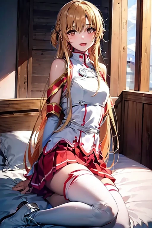 ((Best Quality)), ((masterpiece)), (be familiar with),  perfect face, indoor, bedroom,  watching viewers in the winter mountains ,
One woman, Yuuki Asuna,
 characters with open mouth ,  ecstatic expression , blush, smile,
Small breasts,  flat chest, , ,  kids, Girl,
Long Hair,  long hair,
Leg spread,