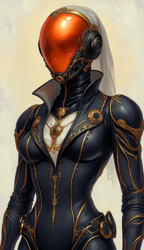 poster of A cyber spacepunk hijabis girl wear orange transparent glass helmet armour suit Orenz style, with long hijab and pashmina. she wear mecha armour , featuring black wires and tubes on its body, in profile view. the cyberpunk in dynamic action pose style.The style is futuristic sci-fi art with elements of dark gray and light bronze, showcasing hyper-realistic details. It has an illustrative quality to it with an emphasis on the character's head being transparent. This design incorporates elements from retro-futurism and neo-porcelain style. n dynamic modeling pose, cinematic style, high resolution, high detail, high quality, high contrast, professional photography, professional lighting, precise details, solid color background, masterpiece, best quality, highres, perfect artwork, best design award winner. hipster style