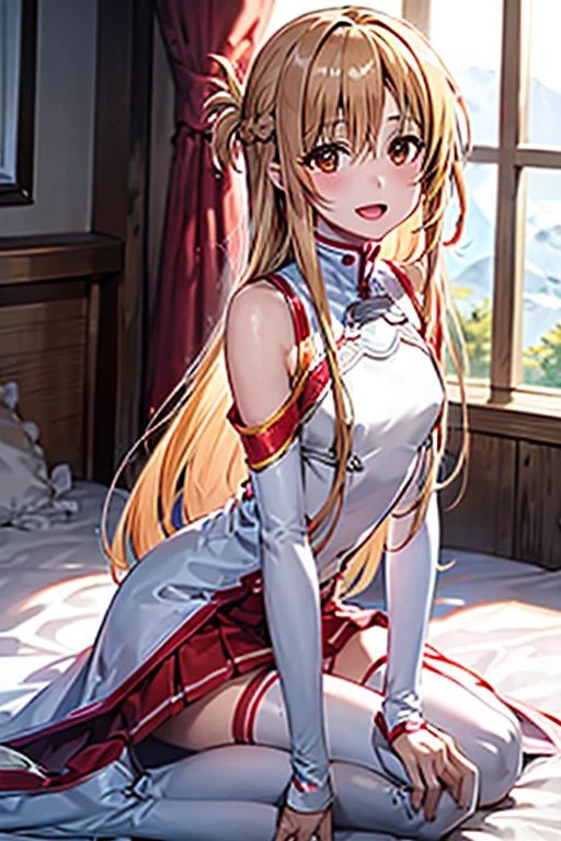 ((Best Quality)), ((masterpiece)), (be familiar with),  perfect face, indoor, bedroom,  watching viewers in the winter mountains ,
One woman, Yuuki Asuna,
 characters with open mouth ,  ecstatic expression , blush, smile,
Small breasts,  flat chest, , ,  kids, Girl,
Long Hair,  long hair,
Leg spread,