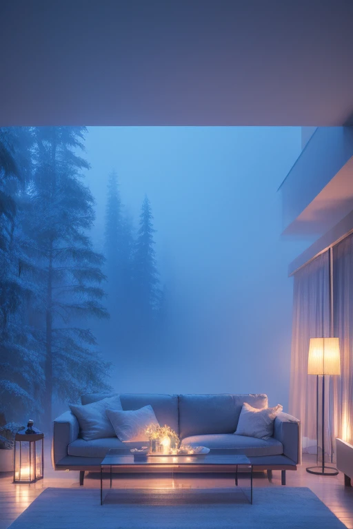 a dreamy apartment, white interior, blue hour, misty, foggy, hazy, wide shot, 80s aesthetic, detailed lighting, soft textures, pastel colors, cinematic atmosphere, photorealistic, 4k, high resolution, masterpiece, icy cold, outdoor misty forest scenery, luxury living room with cozy soft sofa