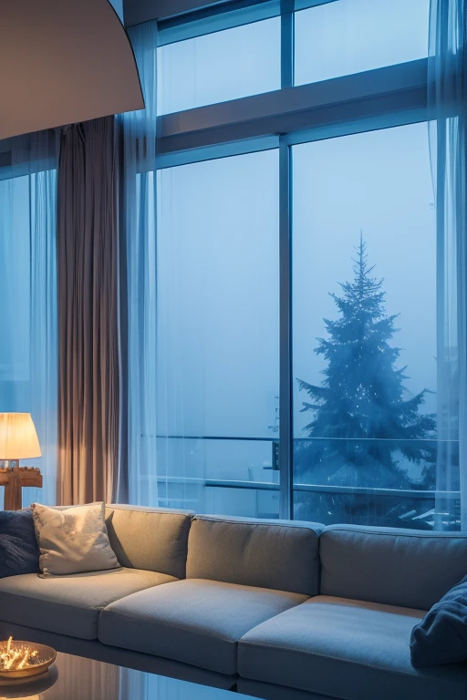 a dreamy apartment, white interior, blue hour, misty, foggy, hazy, wide shot, 80s aesthetic, detailed lighting, soft textures, pastel colors, cinematic atmosphere, photorealistic, 4k, high resolution, masterpiece, icy cold, outdoor misty forest scenery, luxury living room with cozy soft sofa