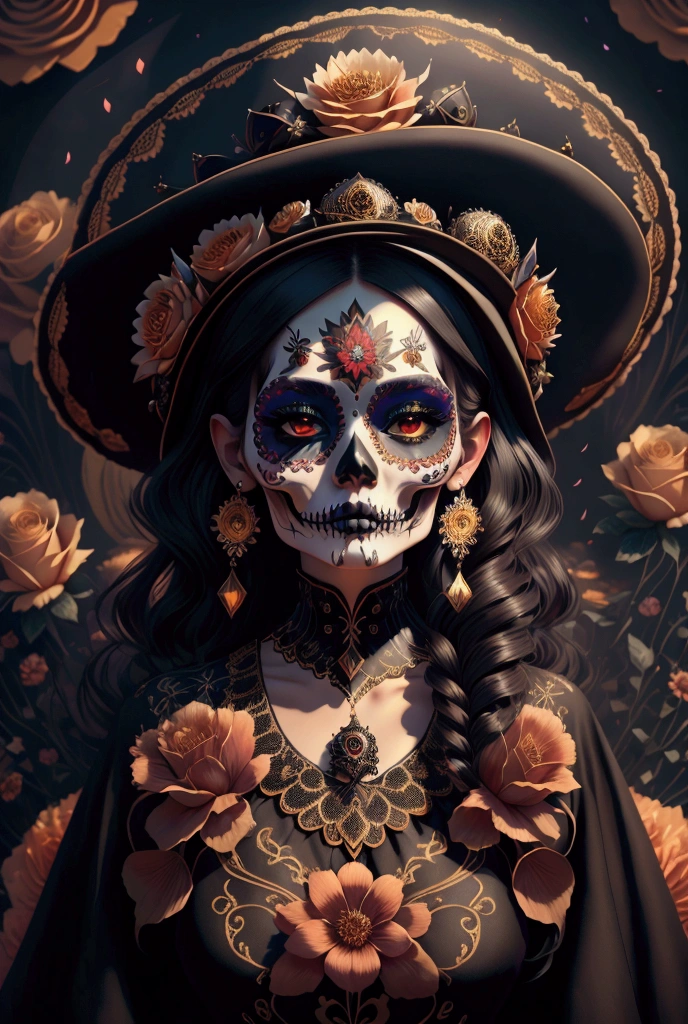 : " Generate an image of an ethereally beautiful Catrina and impressive elegance .  Her face is a masterpiece ,  with fine details of skulls and vibrant floral ornaments ,  maintaining a traditional color palette with touches of black , red, and golden.  She wears a perfectly outlined skull makeup that contrasts with her large and expressive eyes ,  enhanced by dark and seductive makeup .  Her hair is long, dark and wavy,  adorned with a wreath of fresh flowers and Mexican-style hat decorated with delicate embroidery and gold details that shine.  Her dress is a long suit of black lace and floral embroidery ,  tight to her figure and with an elegant flowing skirt .  The image must convey an air of serenity and respect ,  capturing the essence of the Day of the Dead .  hyperrealistic face , en 8K, full of fine details , photographic style,  masterpiece of dark beauty , soft and dramatic lighting. Hyper realistic and detailed, dressed very elegantly 