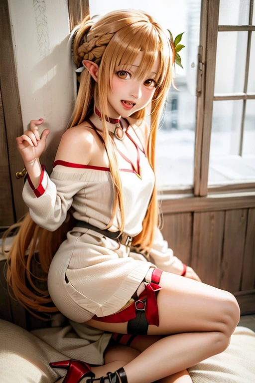 ((Best Quality)), ((masterpiece)), (be familiar with),  perfect face, indoor, bedroom,  watching viewers in the winter mountains ,
One woman, Yuuki Asuna,
 characters with open mouth ,  ecstatic expression , blush, smile,
Small breasts,  flat chest, , ,  , Girl,
Long Hair,  long hair,
Leg spread,