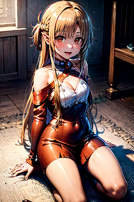 ((Best Quality)), ((masterpiece)), (be familiar with),  perfect face, indoor, bedroom,  watching viewers in the winter mountains ,
One woman, Yuuki Asuna,
 characters with open mouth ,  ecstatic expression , blush, smile,
Small breasts,  flat chest, , ,  kids, Girl,
Long Hair,  long hair,
Leg spread,