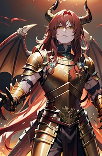 1male, highly detailed, glowing yellow eyes, long wavy red hair,  masterpiece,  red scales, lots of red scales on face, dragon wings, large dragon horns, clawed hands, yellow dragon eyes, armor, boy, armor pants , close, perfect face, arm armor, dragon tail, roman armor, greek, king, roman crown, close, ultra detail