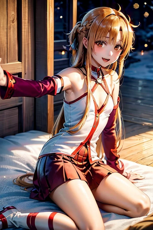 ((Best Quality)), ((masterpiece)), (be familiar with),  perfect face, indoor, bedroom,  watching viewers in the winter mountains ,
One woman, Yuuki Asuna,
 characters with open mouth ,  ecstatic expression , blush, smile,
Small breasts,  flat chest, , ,  , Girl,
Long Hair,  long hair,
Leg spread,