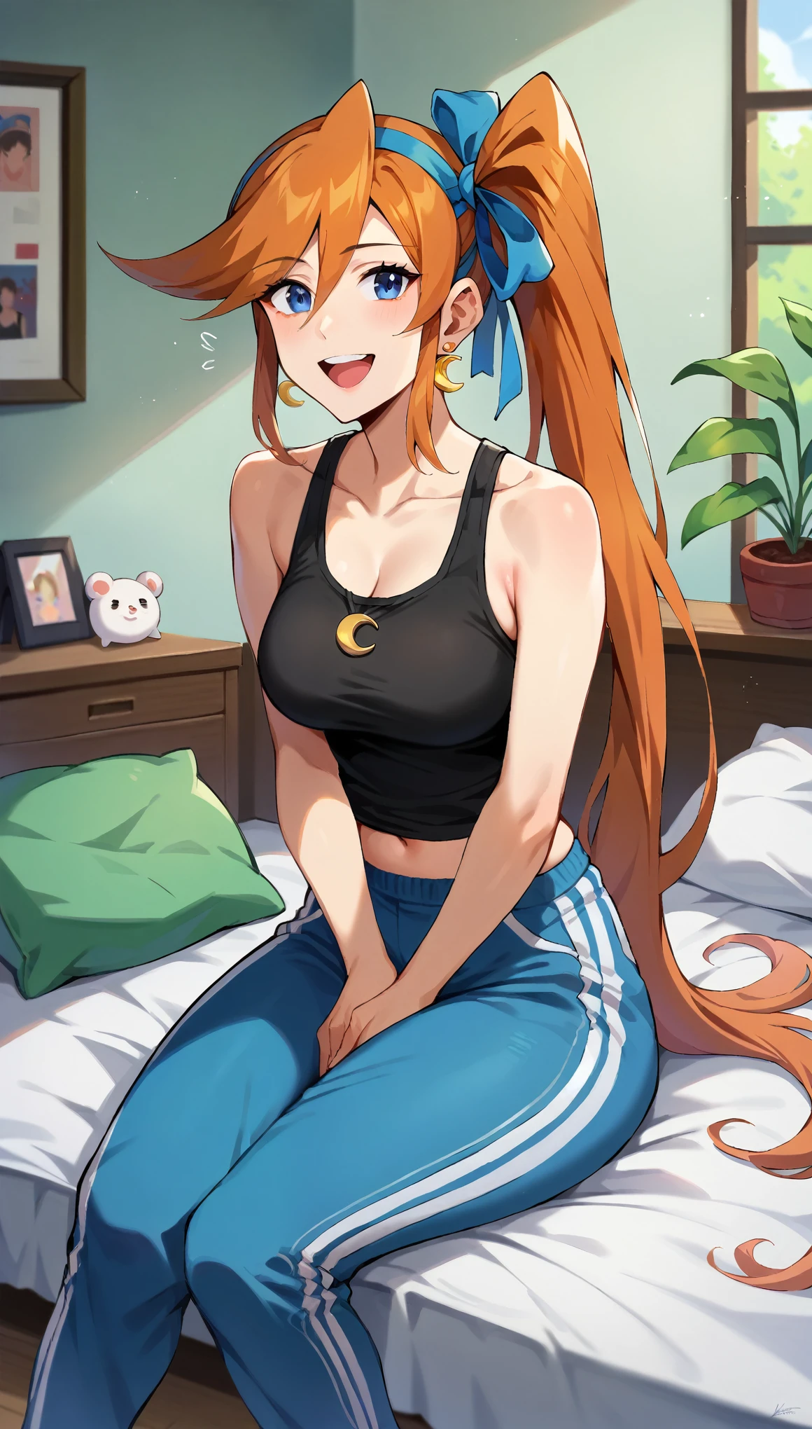 athena cykes, 19 years old, side ponytail, hair ribbon, perky breasts, wide hips, single crescent earrings. happy, bedroom, sitting on bed, bare shoulders, pants, black shirt, tank top, blue pants, black tank top, track pants, teasing, lustful face,