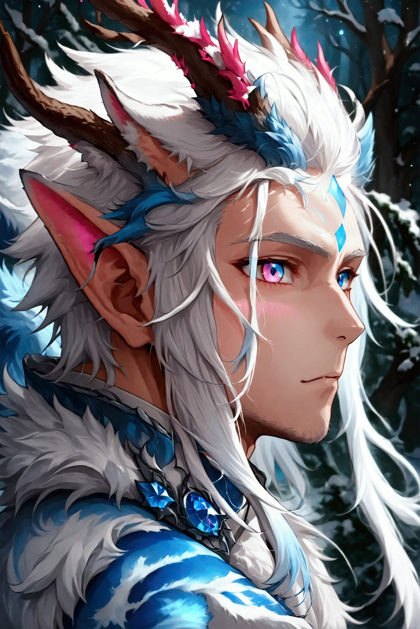 ((Nykir Eldrakar), white hair, right blue eye, left pink eye, dragon antlers, blue forehead marking, wolf ears, wolf tail), Adult, 1boy