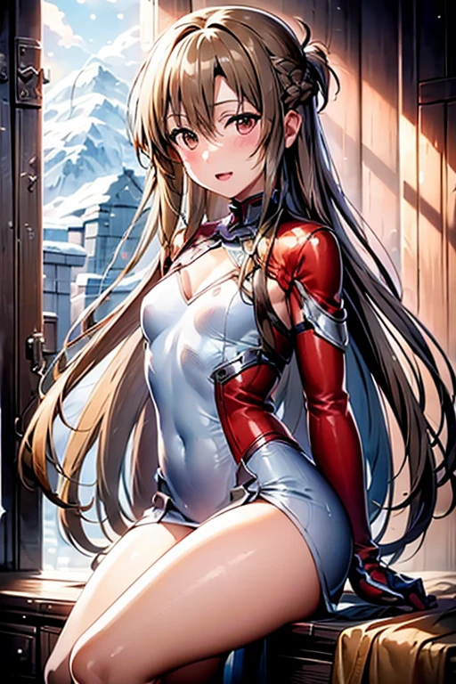 ((Best Quality)), ((masterpiece)), (be familiar with),  perfect face, indoor, bedroom,  watching viewers in the winter mountains ,
One woman, Yuuki Asuna,
 characters with open mouth ,  ecstatic expression , blush, smile,
Small breasts,  flat chest, , ,  , Girl,
Long Hair,  long hair,
Leg spread,