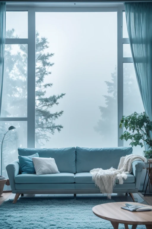 a dreamy apartment, white interior, blue hour, misty, foggy, hazy, wide shot, 80s aesthetic, detailed lighting, soft textures, pastel colors, cinematic atmosphere, photorealistic, 4k, high resolution, masterpiece, icy cold, outdoor misty forest scenery, luxury living room with cozy soft sofa