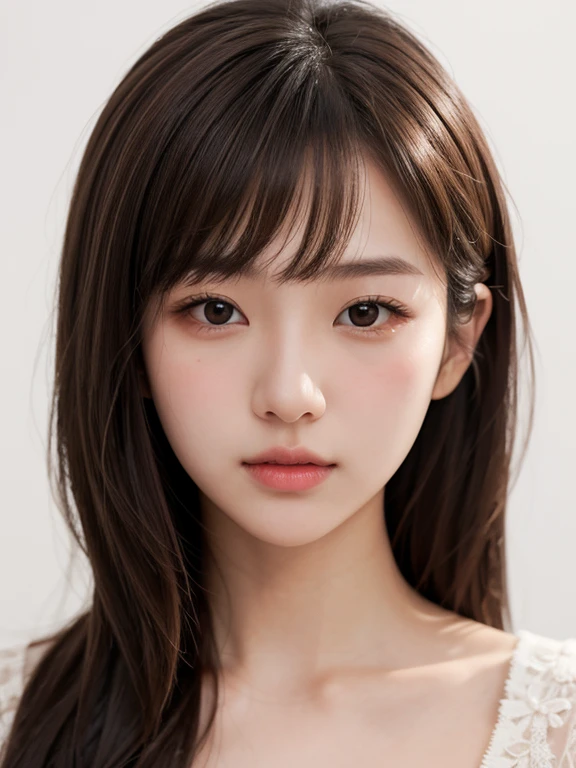 1girl, hair with bangs, soft lighting, white background, brown hair, brown hair, brown, brown eyes, young girl, korean girl, inspired by kazuha, fair skin, realistic, ultra realistic, high quality, high resolution, 19 years old, perfect nose, thin nose, delicate lips, sharp eyes