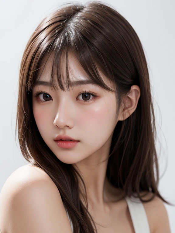 1girl, hair with bangs, soft lighting, white background, brown hair, brown hair, brown, brown eyes, young girl, korean girl, inspired by kazuha, fair skin, realistic, ultra realistic, high quality, high resolution, 19 years old, perfect nose, thin nose, delicate lips, sharp eyes