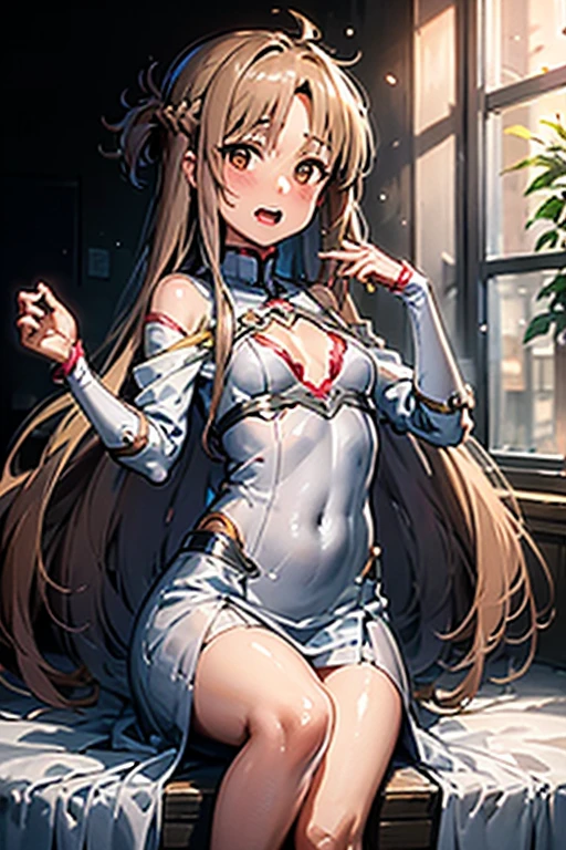 ((Best Quality)), ((masterpiece)), (be familiar with),  perfect face, indoor, bedroom,  watching viewers in the winter mountains ,
One woman, Yuuki Asuna,
 characters with open mouth ,  ecstatic expression , blush, smile,
Small breasts,  flat chest, , ,  kids, Girl,
Long Hair,  long hair,
Leg spread,