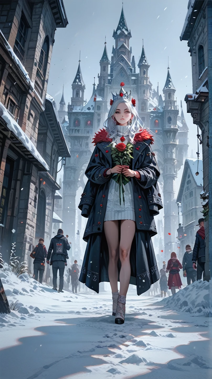 fantasy, full body shot, wide angle, lonely rose blooming in snow,  A snow queen leans over a blooming rose that was breaking through the snow, she can't believe what she sees, a snowy world and castle in snow in background, highly detailed, photorealistic, vibrant colors, dramatic lighting, fantasy, cinematic, masterpiece, (Sh1r3n:1.2), Expressiveh