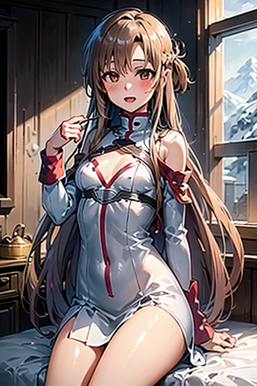 ((Best Quality)), ((masterpiece)), (be familiar with),  perfect face, indoor, bedroom,  watching viewers in the winter mountains ,
One woman, Yuuki Asuna,
 characters with open mouth ,  ecstatic expression , blush, smile,
Small breasts,  flat chest, , ,  kids, Girl,
Long Hair,  long hair,
Leg spread,