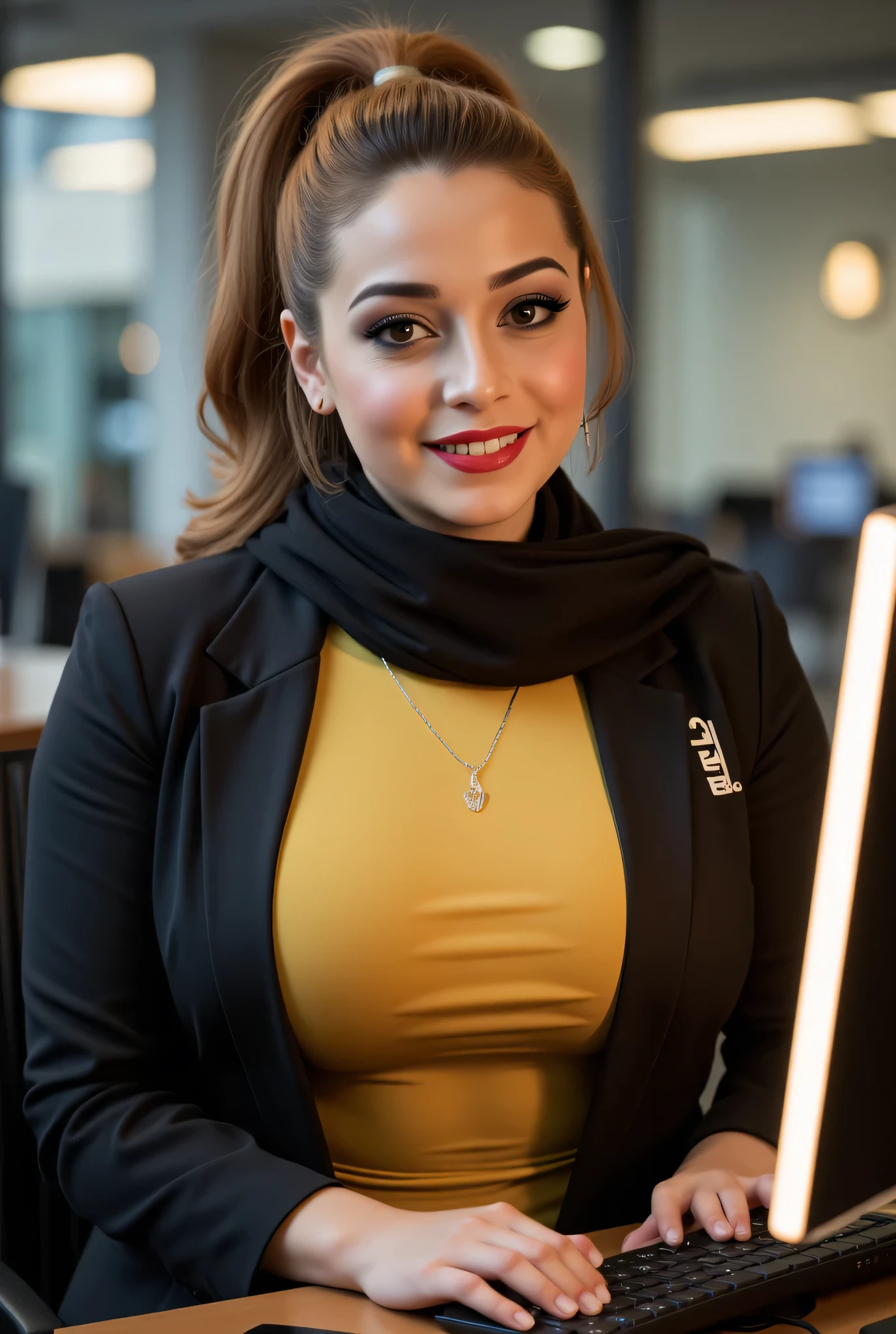 ((best quality, masterpiece, score_9, score_8_up, realistic photograph, life-like realism)), female athlete, light brown hair pulled back top ponytail, ginger highlights, yellow dress shirt with all buttons fastened, black chiffon scarf, black dress jacket, she's a secretary sitting behind a desk working at her computer, (((backlit by the glow of her computer monitor))), friendly, smiling, name badge with writing "Hello, I'm Courtney", her clothes are stretched by her beautiful oversized breasts, heavy makeup, bright red lips, background busy office bokeh