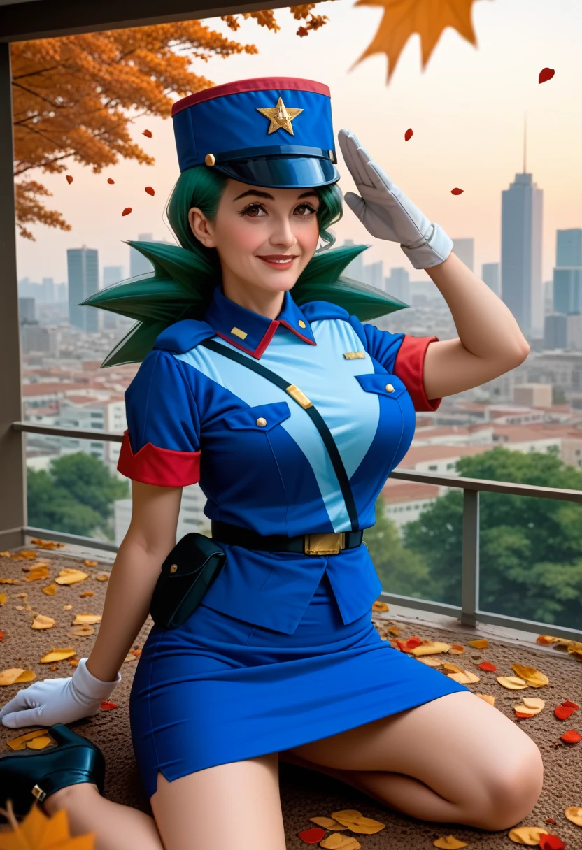 1girl, solo, blush, large breasts:1.3, volumetric lighting, hourglass figure, long limbs, voluptuous, nsfw, romantic, sexy, 
masterpiece, best quality, highly detailed, quality, maple leaves petals floating in wind, face focus, cinematic composition, dynamic pose, foreshortening, beautiful face, 
pkmnJenny, blue hat, police uniform, blue shirt, short sleeves, belt, pencil skirt, white gloves, cowboy shot, looking at viewer, smile, cityscape, blue sky, mature woman, salute,, (insanely detailed, beautiful detailed face), green hair , kneeling 