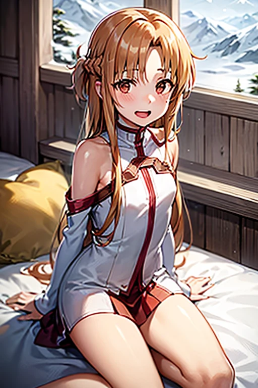 ((Best Quality)), ((masterpiece)), (be familiar with),  perfect face, indoor, bedroom,  watching viewers in the winter mountains ,
One woman, Yuuki Asuna,
 characters with open mouth ,  ecstatic expression , blush, smile,
Small breasts,  flat chest, , ,  kids, Girl,
Long Hair,  long hair,
Leg spread,