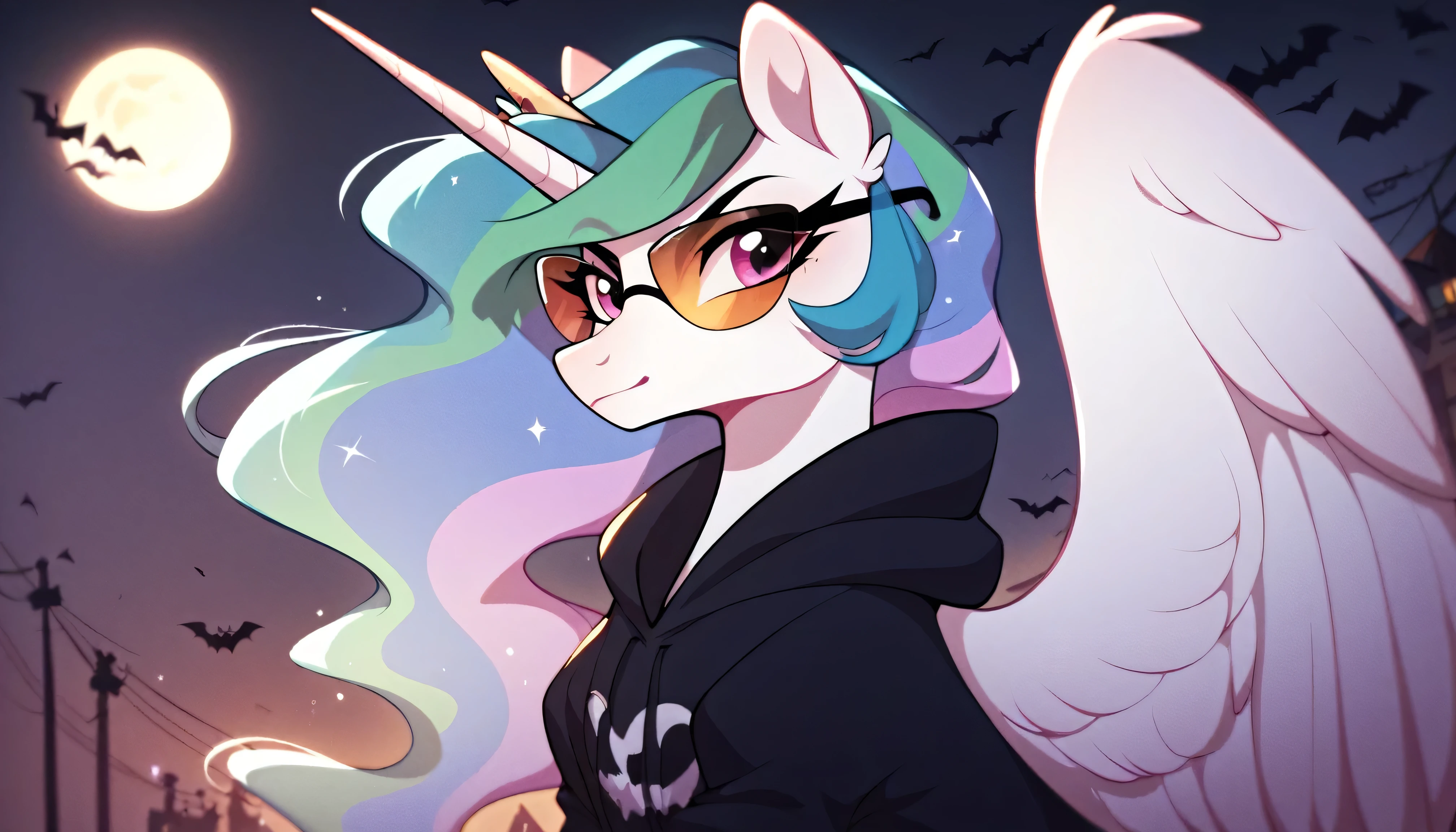 Score_9, Score_8_up, Score_7_up, Score_6_up, a serious female unicorn alicorn, Princess Celestia from My Little Pony. She is depicted wearing a dark sweatshirt with Halloween prints and sunglasses with tinted lenses that glow in the sunlight. Celestia's mane flows in a wavy pattern in pastel tones, with shades of blue, green and pink mixed together. She is looking at something out of the frame with a pleased expression. The setting is an urban Halloween environment with multi-story buildings with a glowing moon, Halloween style. full body